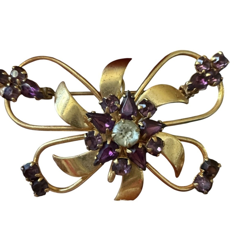 Purple Rhinestone Bow Brooch Gold Tone Floral bow Pin 2 1/8" Vintage 1950s